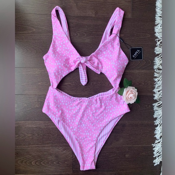 NWT Zaful pink striped bow tie one-piece swimsuit - Picture 1 of 4
